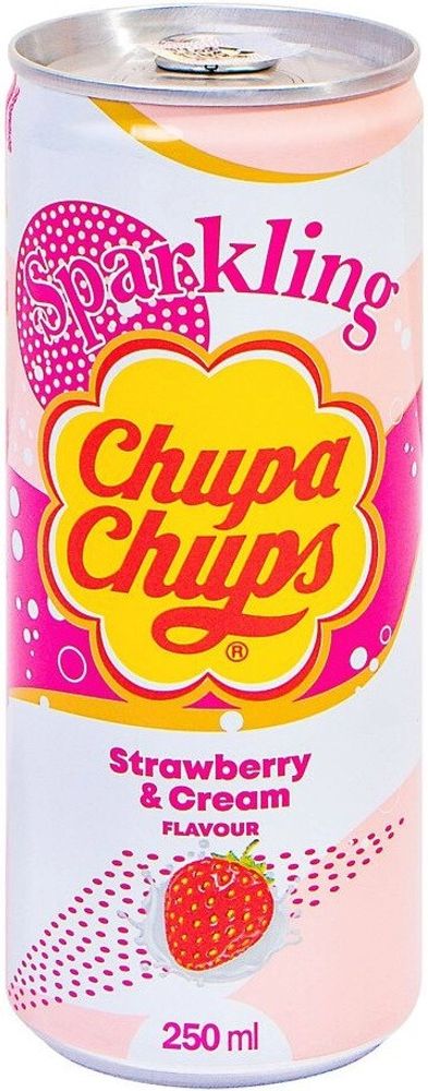 Газированный напиток Чупа Чупс Клубника со Сливками / Chupa Chups Sparkling Strawberry &amp; Cream 0.25 - банка