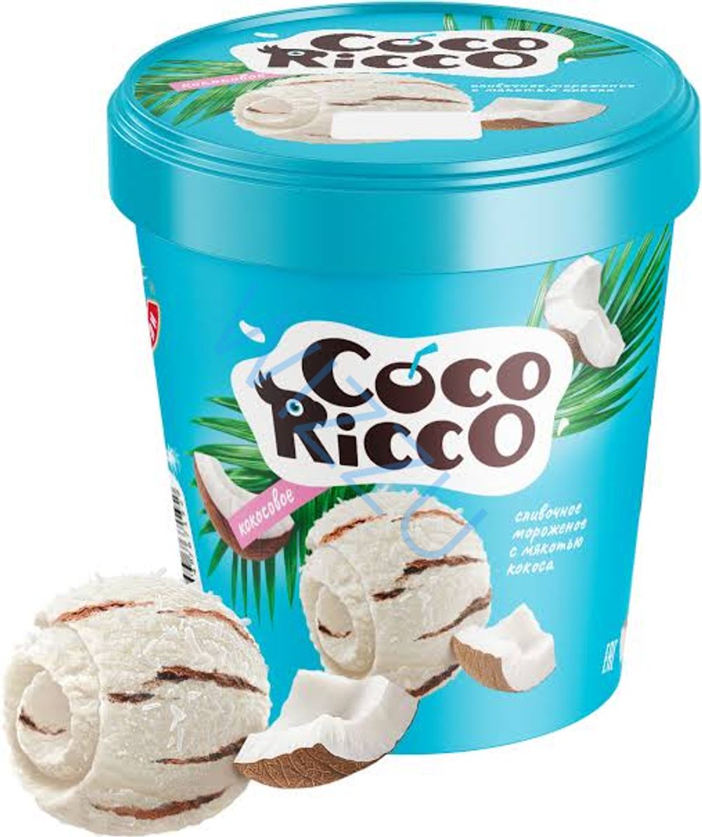 Мороженое СЛИВОЧНОЕ COCORICCO с кокосовым молоком, мякотью кокоса и глазурью в бумажном ведерке 300гр 6шт