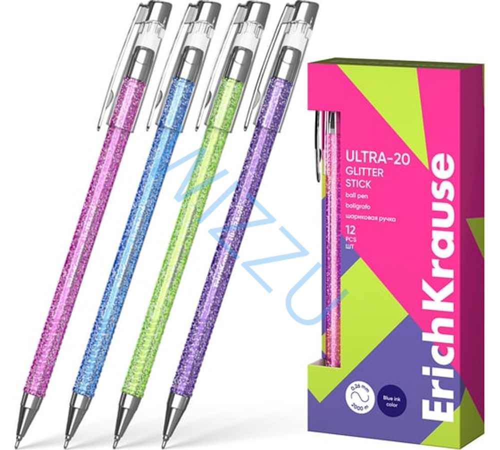 Ручка шариковая ErichKrause ULTRA-20 Stick Glitter 0.7, Super Glide Technology, цвет чернил синий (в коробке по 12 шт.) Арт. 61032