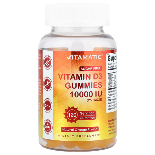 Vitamatic, витамин D3, со вкусом натурального апельсина, 250 мкг (10 000 МЕ), 120 жевательных таблеток
