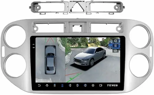 Магнитола для Volkswagen Tiguan 1 2007-2011, Golf Plus (аварийка треугольная, рамка серебро) - Teyes CC3-2K-360 на Android 10, Быстрая, 2K QLED, CarPlay, 4G SIM-слот, 4 камеры в комплекте