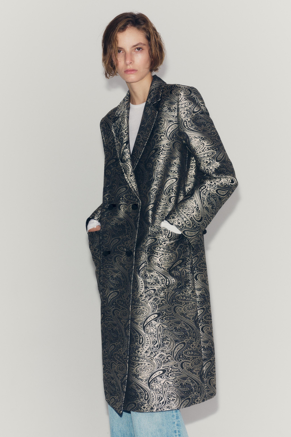 ZARA ЖАККАРДОВОЕ ПАЛЬТО — ZW COLLECTION, СЕРЫЙ