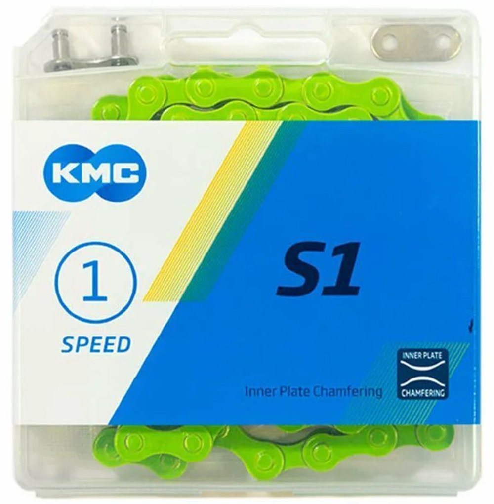 Цепь KMC S1 для 1 скорости, 1/2"х1/8", 112 звеньев, пин 8.7мм, с замком, зеленая