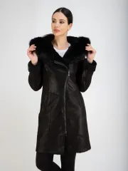 Дубленка женская натуральная длинная с капюшоном Турция