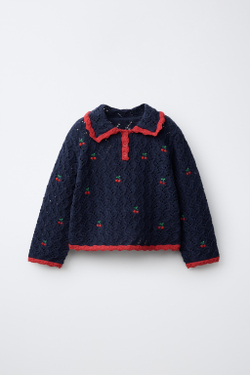 ZARA ТРИКОТАЖНОЕ ПОЛО С АЖУРНЫМ УЗОРОМ И ВИШНЯМИ, МОРСКОЙ СИНИЙ
