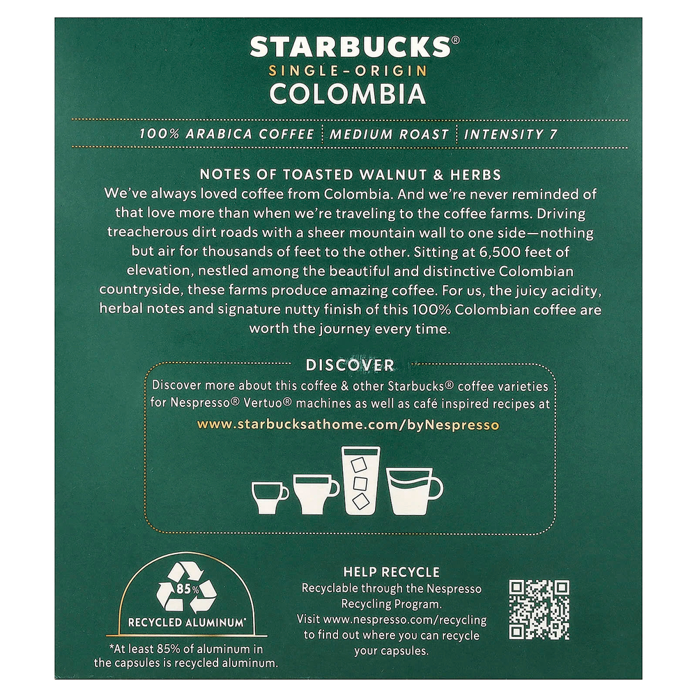 Starbucks, Nespresso®, Колумбия, молотые, средняя обжарка, 8 алюминиевых капсул, 100 г (3,52 унции)