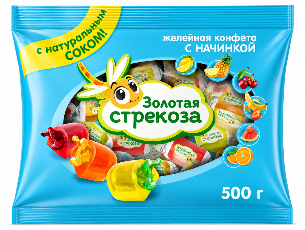 Конфеты желейные Золотая стрекоза ягодное ассорти с жидкой начинкой, 500 г