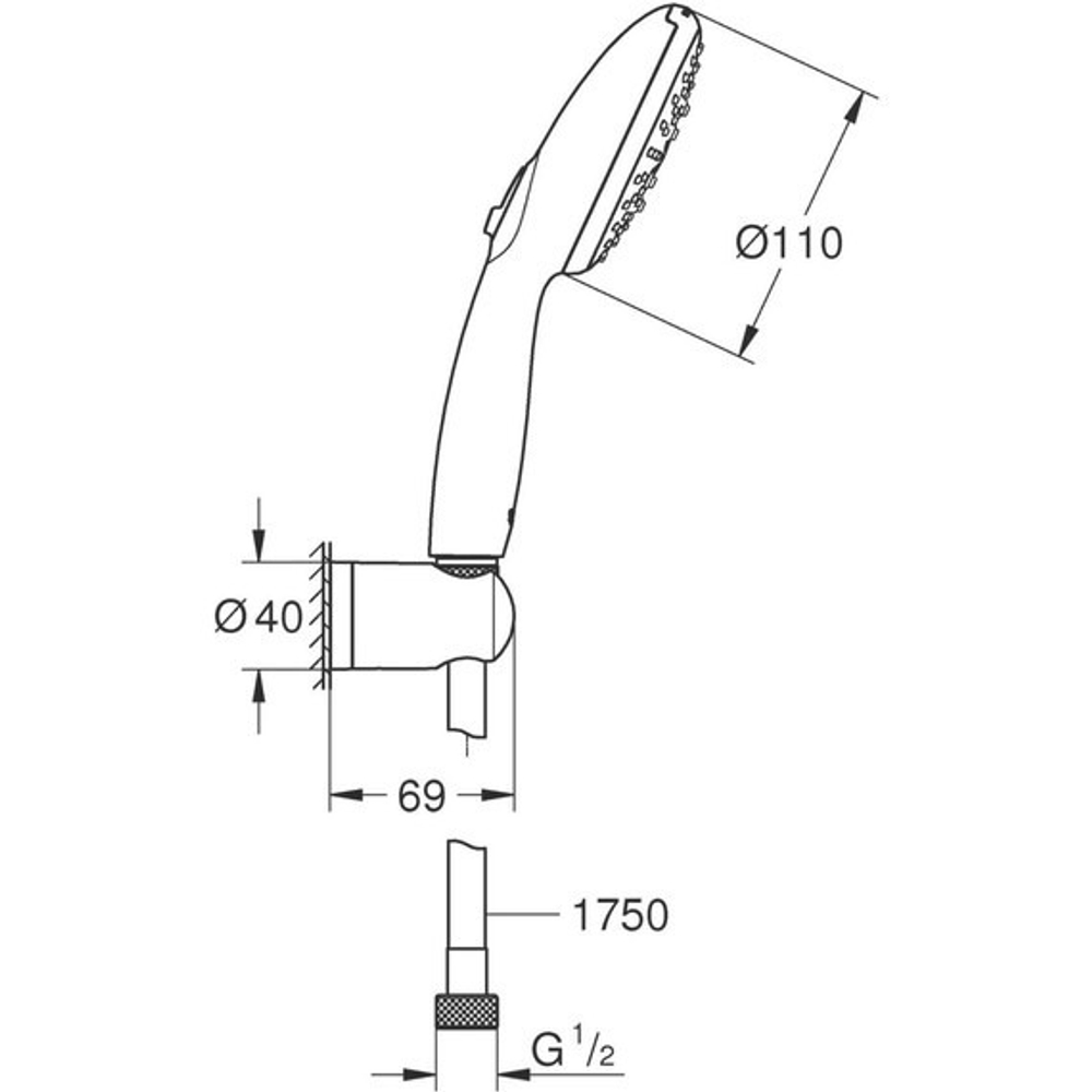 Набор для душа GROHE Vitalio Start 110, 3 режима струи, лейка, держатель и шланг, 8.4 л/мин, хром (26769001)