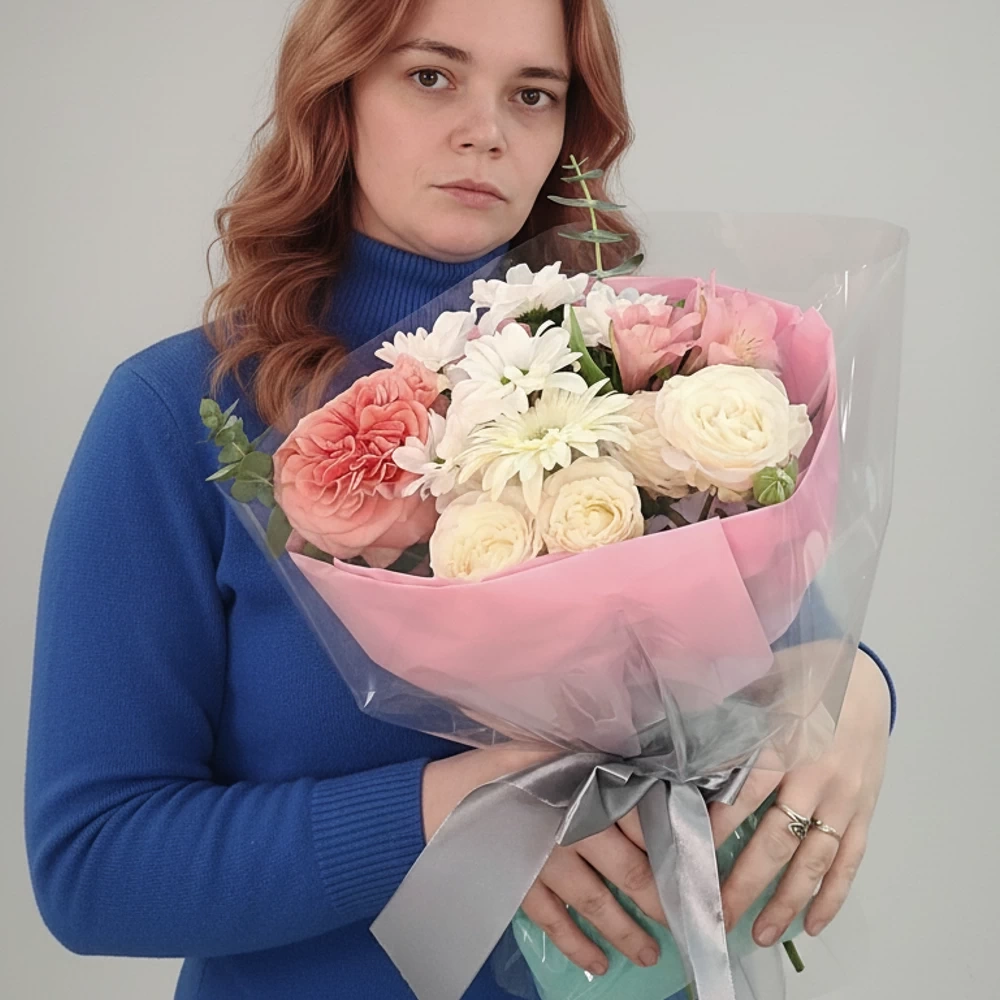 Букет "Маленькая страсть" из роз, гербер, кустовой розы и хризантем.