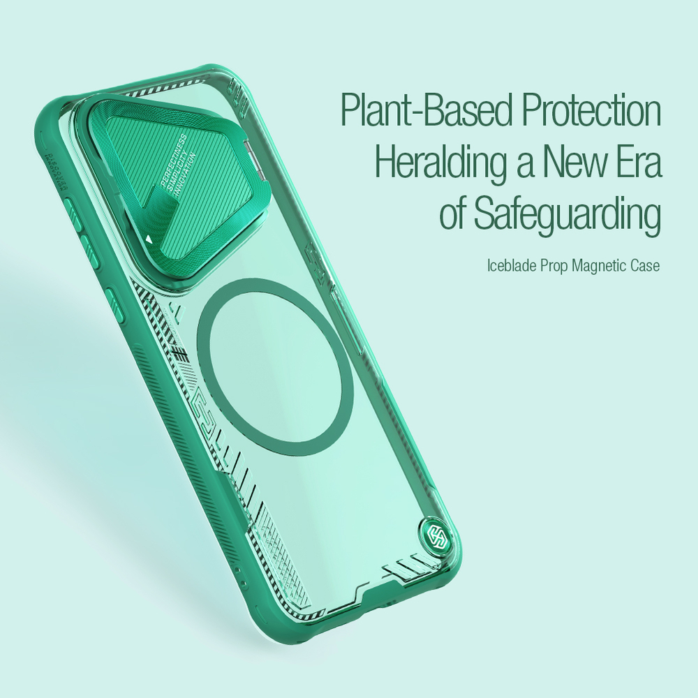 Чехол прозрачный зеленый (Glacier Green) от Nillkin с металлической откидной крышкой и поддержкой магнитной беспроводной зарядки MagSafe на Huawei Pura 70 Pro и Pura 70 Pro+, серия Iceblade Prop Magnetic Case