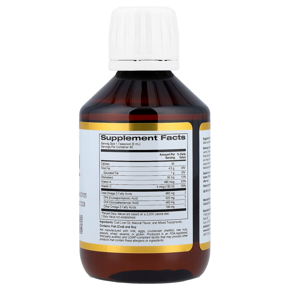 California Gold Nutrition, жир из печени трески с омега-3 жирными кислотами, ЭПК, ДГК, витаминами A и D, норвежский, в форме триглицеридов, натуральный лимонный вкус, 200 мл (6,7 жидк. унции)