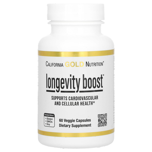 California Gold Nutrition, Longevity Boost с транс-ресвератролом, экстрактом листьев оливкового дерева, смесью экстрактов винограда и среднецепочечными триглицеридами, 60 растительных капсул