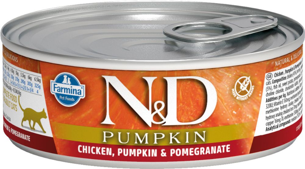 Консервы FARMINA N&amp;D Pumpkin для взрослых кошек, курица и гранат с тыквой