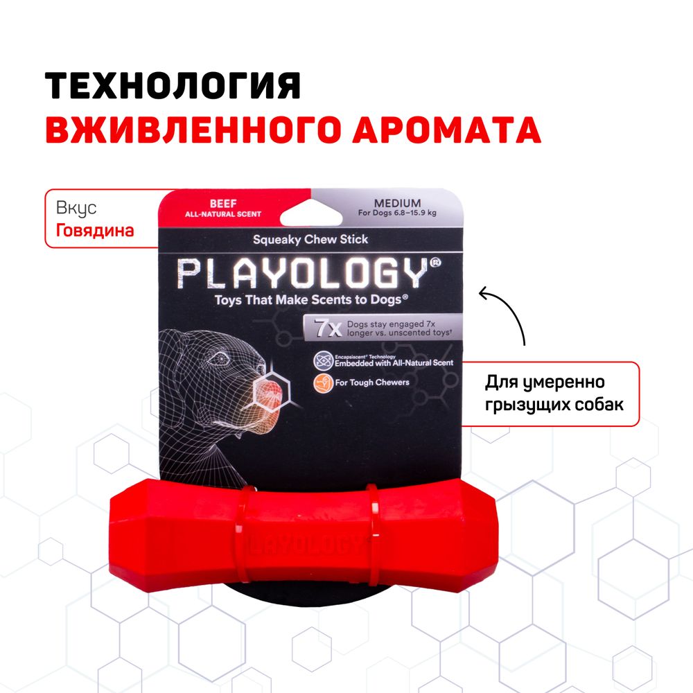 Жевательная палочка Playology SQUEAKY CHEW STICK для собак средних и крупных пород с ароматом говядины, большая, цвет красный
