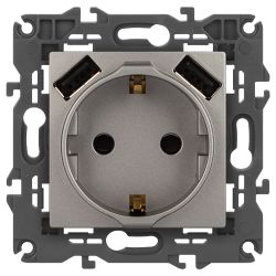 Розетка ЭРА Elegance 14-4109-16 2P+E 16A-250В штор. с 2xUSB 5В-3А титан | Розетки и выключатели