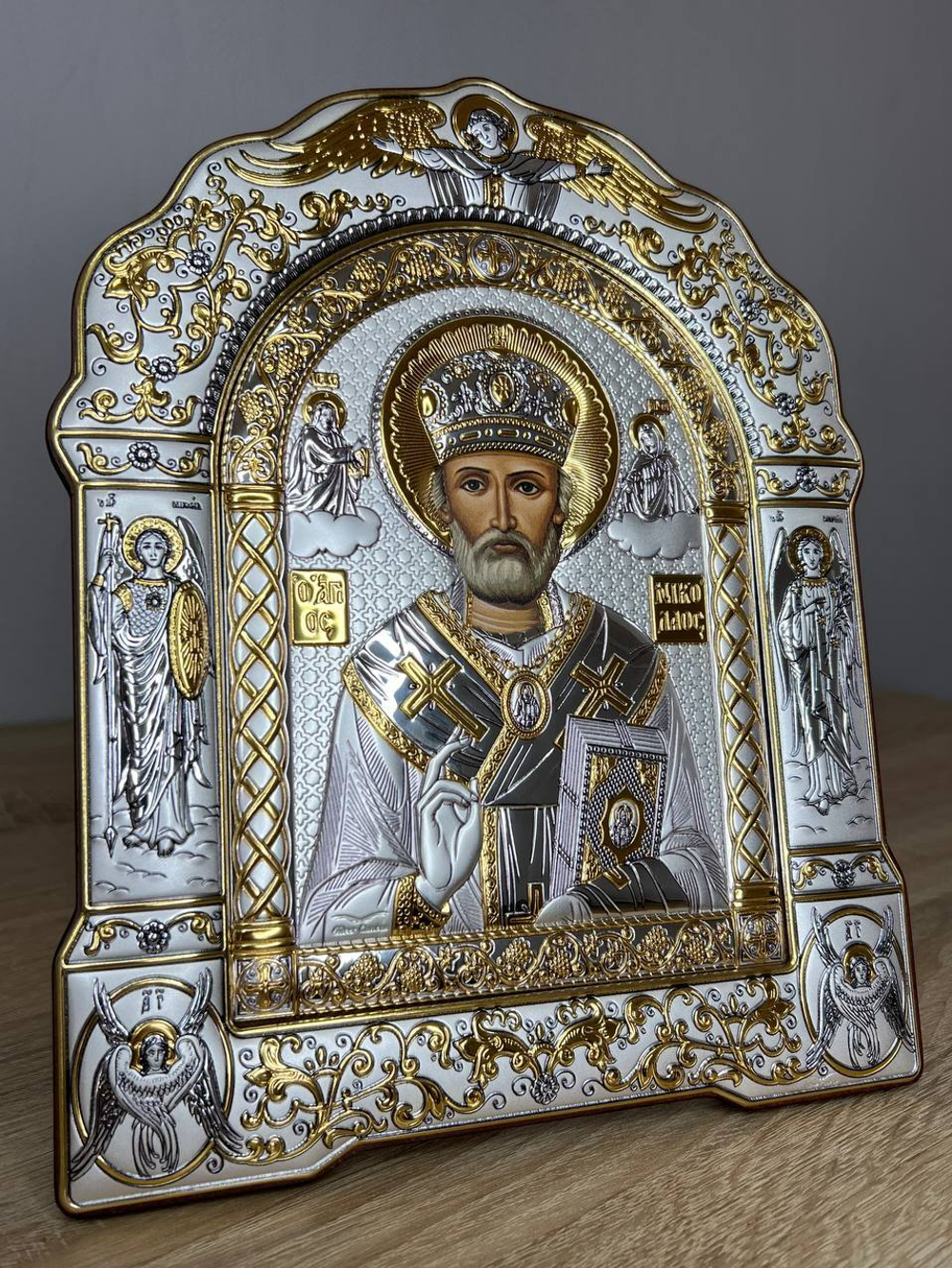 Николай Чудотворец, икона арочная с рамкой, красное дерево 266х335