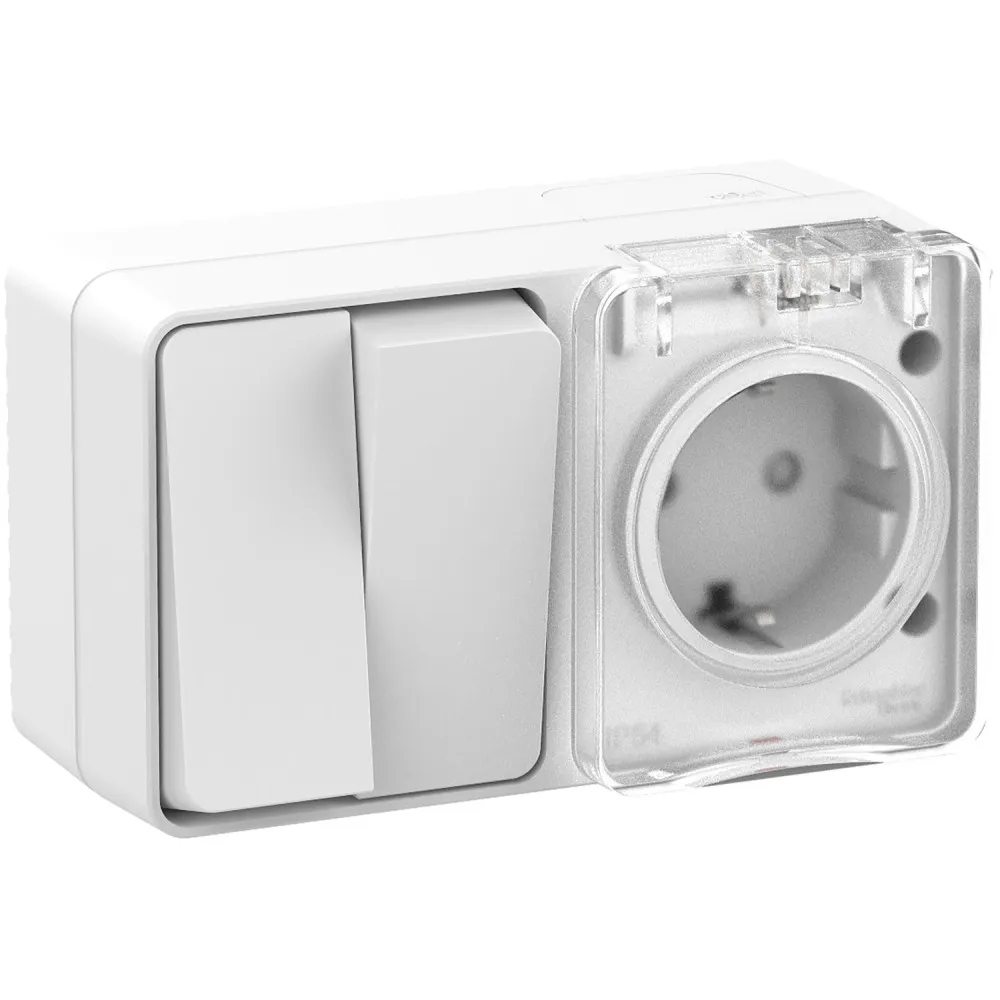 ATLASDESIGN PROFI IP54 О/У БЛОК: РОЗЕТКА с заземл. со шт., 16А, ВЫКЛЮЧАТЕЛЬ 2-клав., 10АХ, БЕЛЫЙ