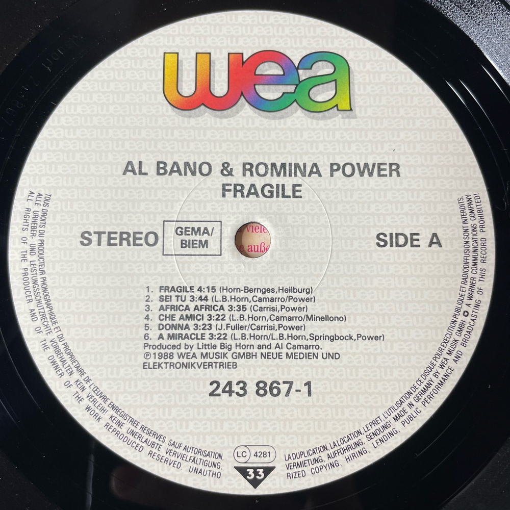 Винтажная виниловая пластинка LP Al Bano and Romina Power Fragile (Германия 1988) Questa Notte