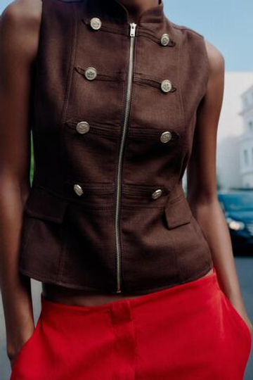 ZARA ЖИЛЕТ НА МОЛНИИ, КОРИЧНЕВЫЙ