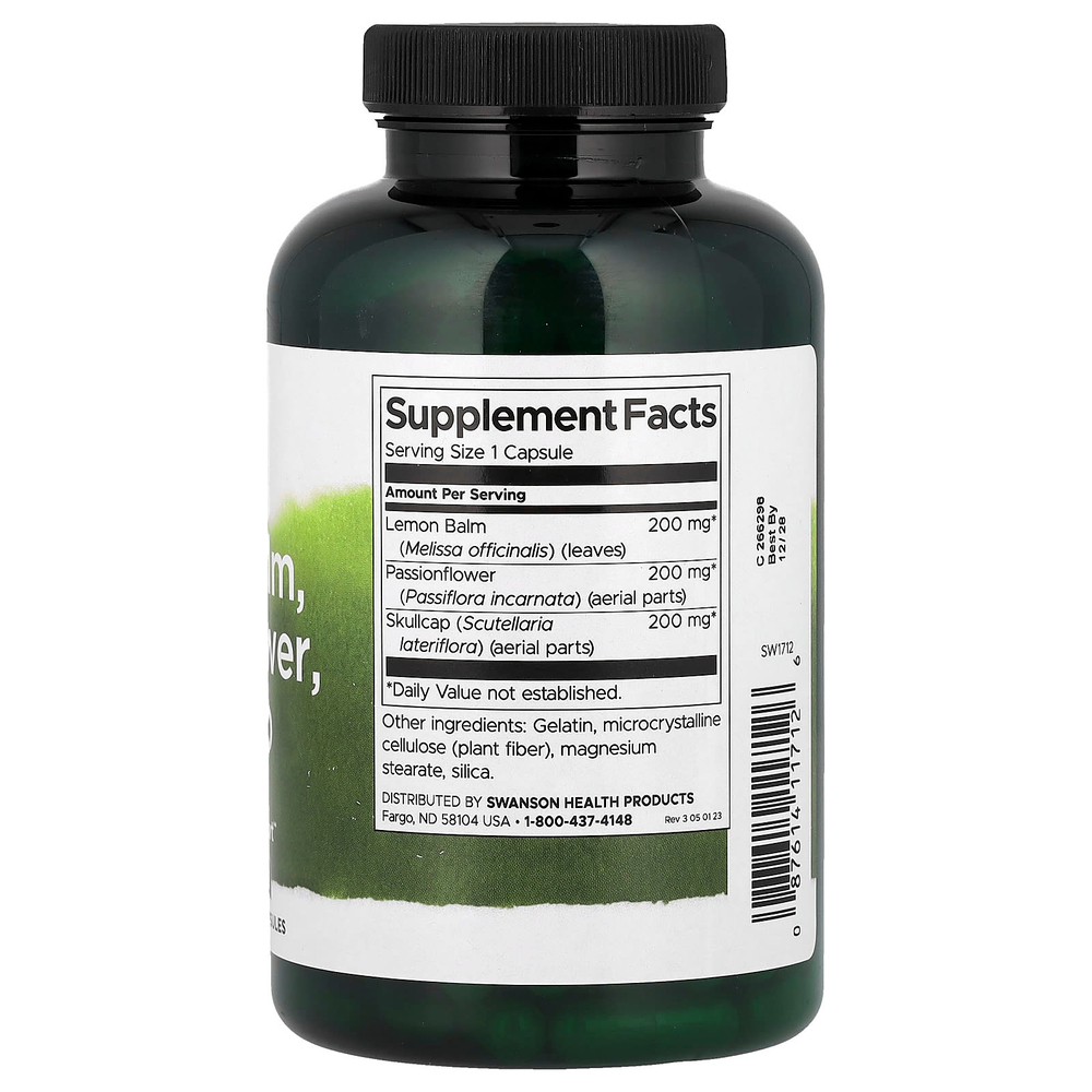 Swanson Vitamins, Мелисса, пассифлора, комплекс для тюбетейки, 180 капсул