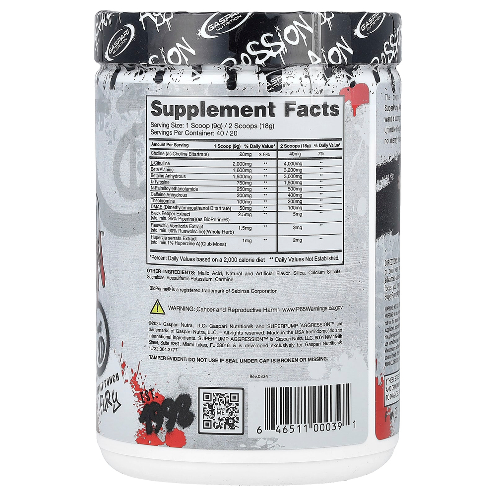 Gaspari Nutrition, SuperPump Aggression ™, предтренировочное средство, Fruit Punch Fury, 360 г
