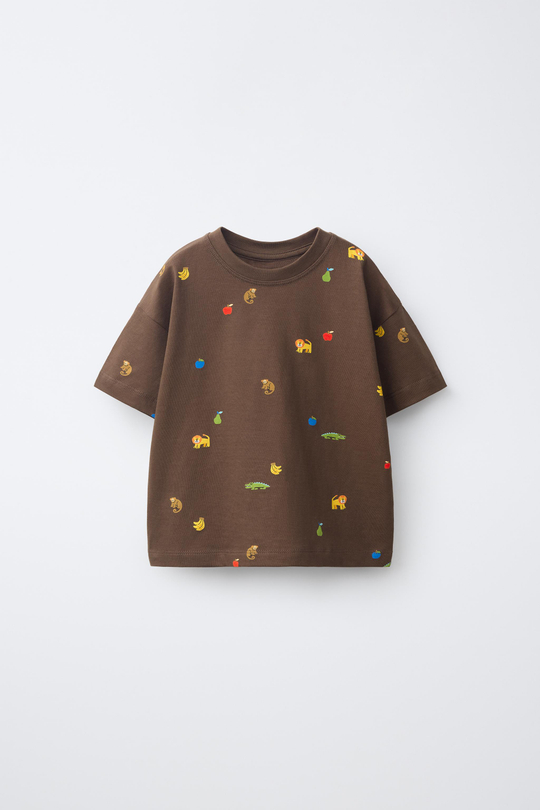 ZARA ФУТБОЛКА С ПРИНТОМ, ШОКОЛАДНЫЙ