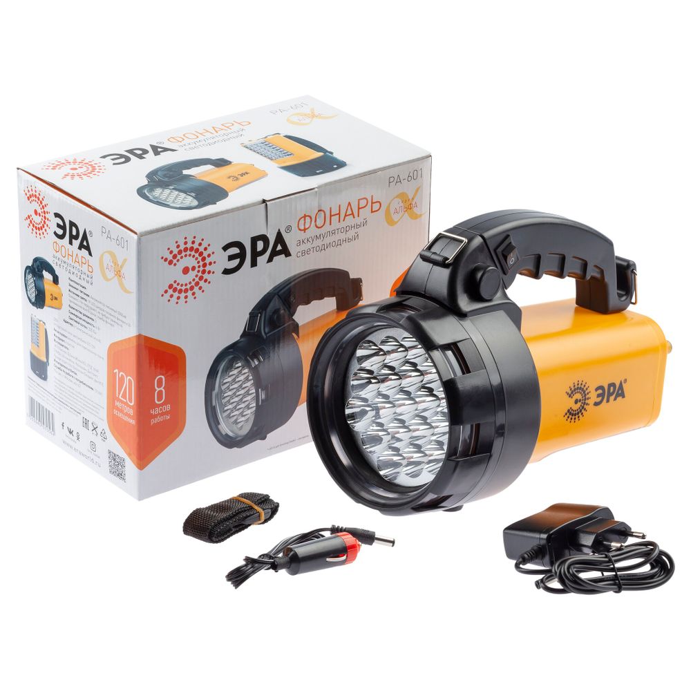 Фонарь светодиодный ЭРА PA-601 АЛЬФА прожектор 2 режима 19+24LED, аккум. 3Ah, ЗУ 220V/12V, 160лм (764016)