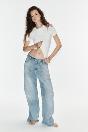 ZARA ДЖИНСЫ TRF СО СРЕДНЕЙ ПОСАДКОЙ, ОТВОРОТАМИ И РАЗРЕЗАМИ, ГОЛУБОЙ