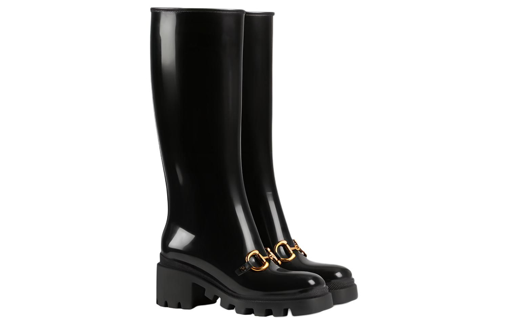 GUCCI Horsebit Knee High Boot Black Rubber Women"s