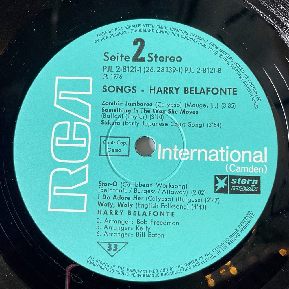 Винтажная виниловая пластинка LP Harry Belafonte Songs (Germany 1976)