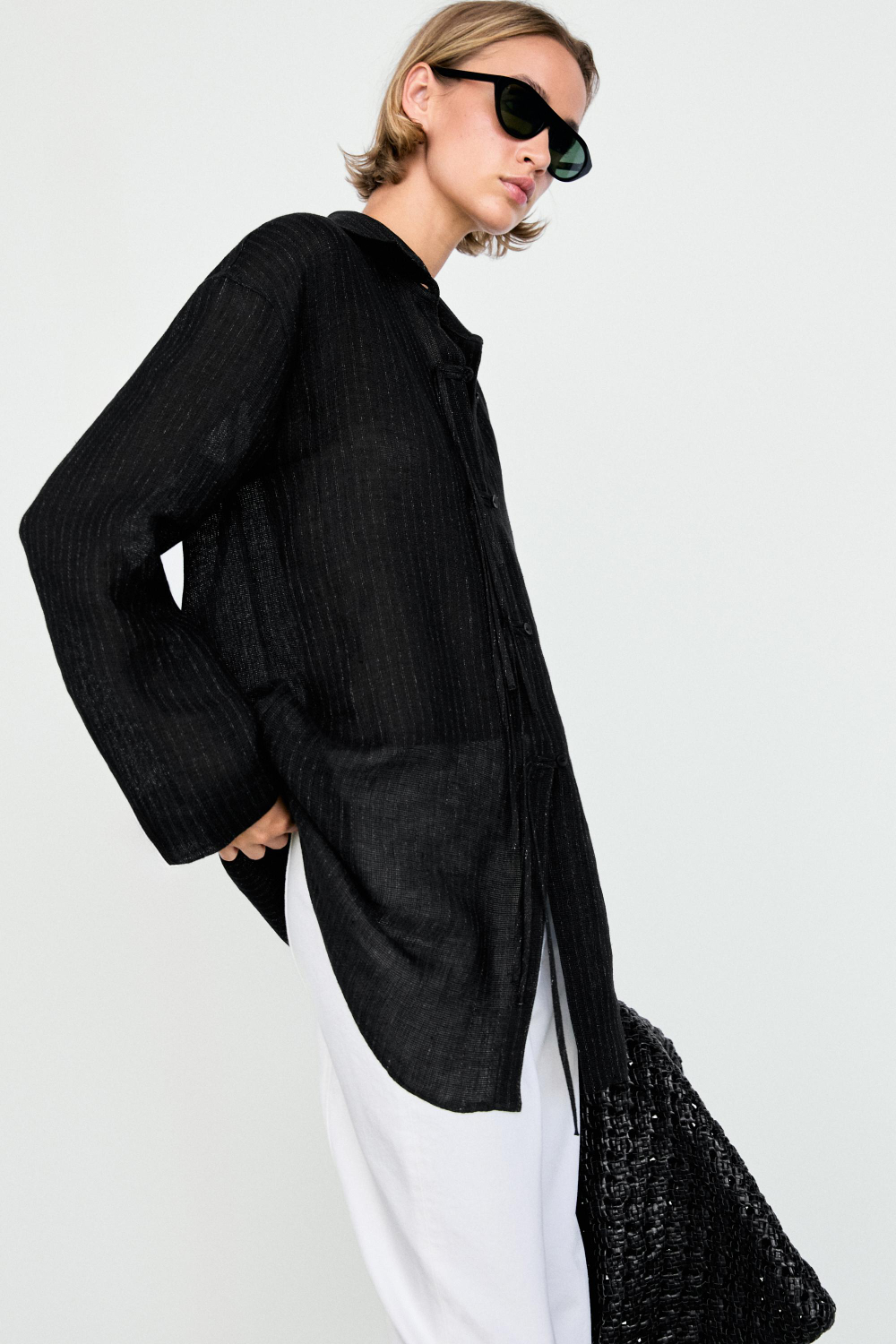 Massimo Dutti Блуза в полоску из смесового льна с пуговицами, черный