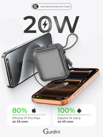 Внешний аккумулятор Gurdini Flow Power (CCC) 10000 mAh 20W ( built-in cables) USB-C/Lightning Dark Gray