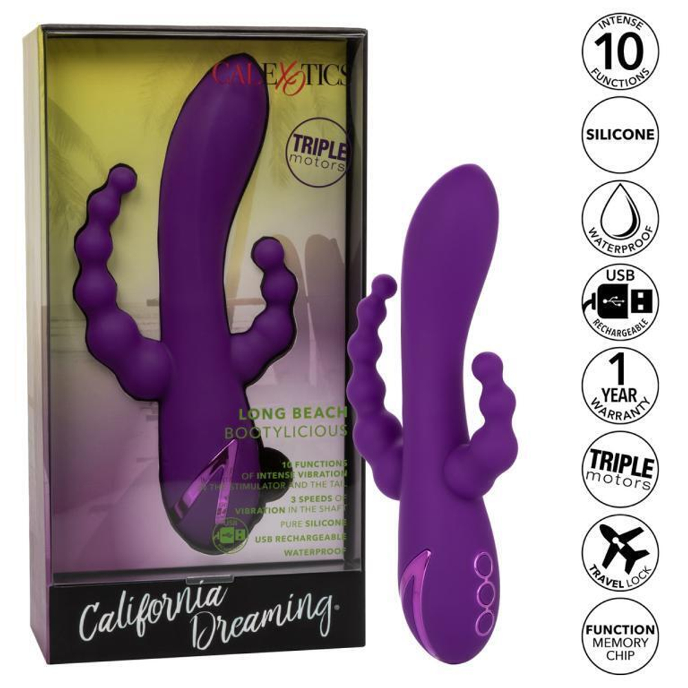 Фиолетовый вибромассажер-кролик Long Beach Bootylicious с анальной цепочкой (Цвет: фиолетовый)