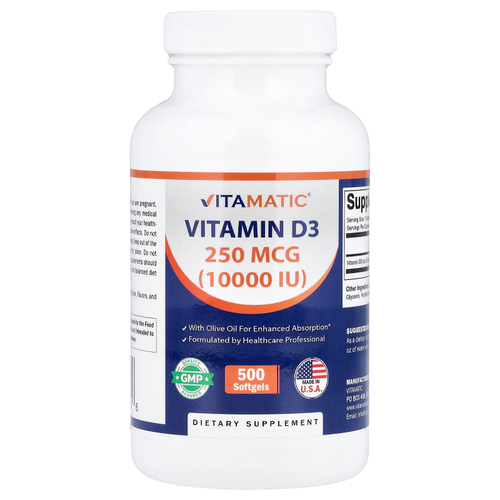 Vitamatic, витамин D3, 250 мкг (10 000 МЕ), 500 мягких таблеток