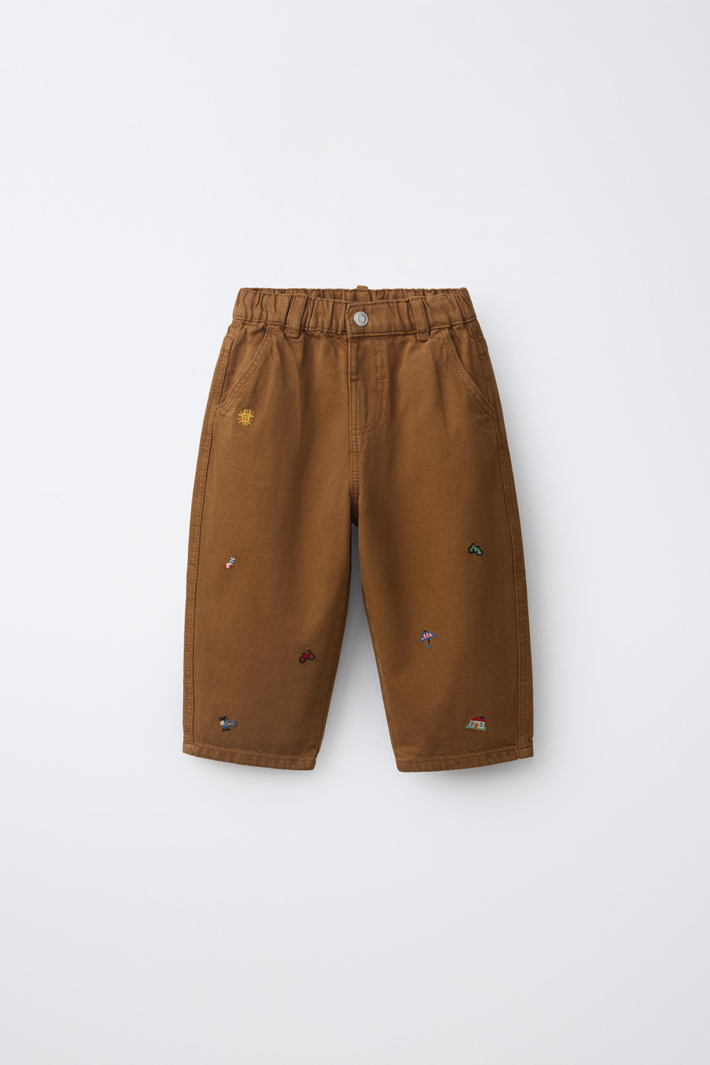 ZARA БРЮКИ БЭГГИ С ВЫШИВКОЙ, КАРАМЕЛЬНЫЙ