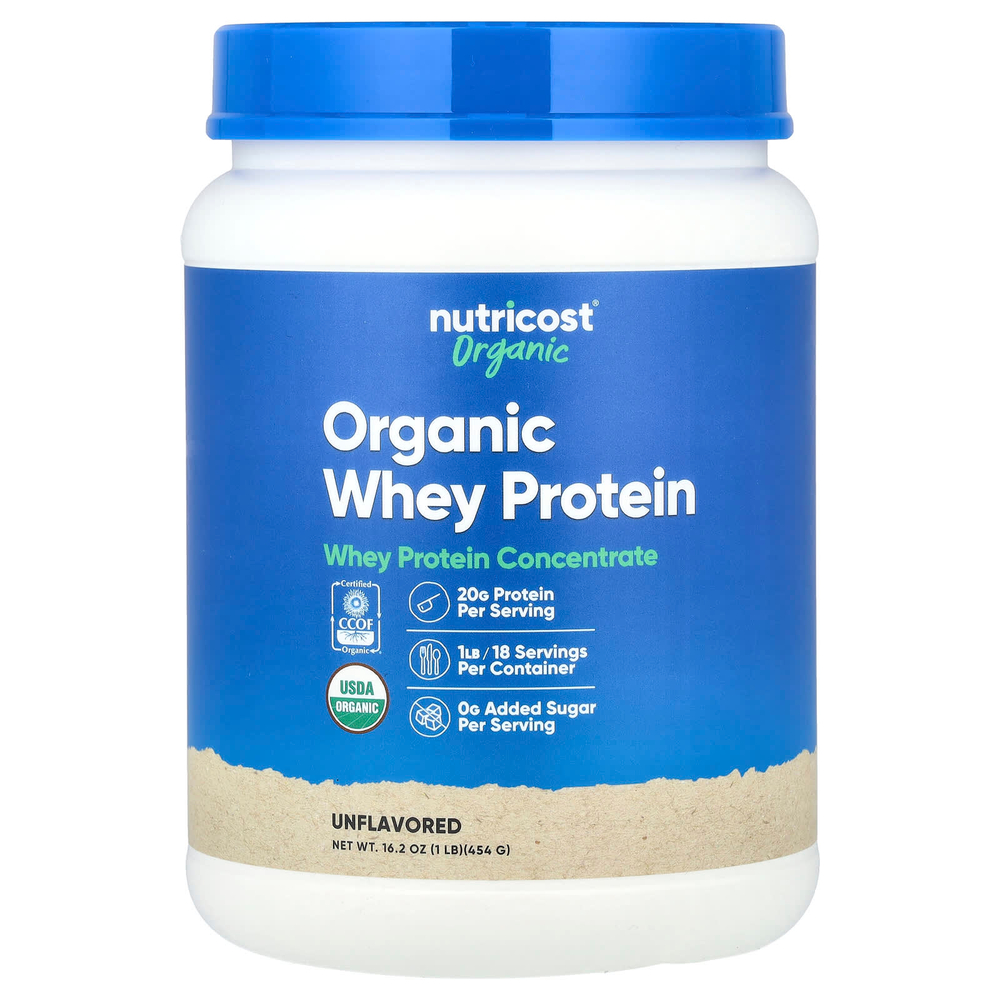 Nutricost, органический сывороточный протеин, без добавок, 454 г (1 фунт)