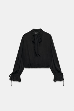 ZARA ТОП СО СБОРКАМИ И БАНТОМ НА СПИНЕ, ЧЕРНЫЙ