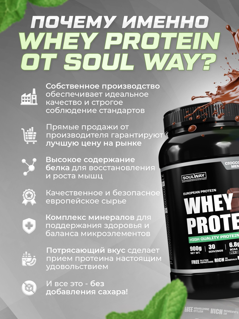 Протеин сывороточный со вкусом шоколада с мятой 900 гр 30 порций