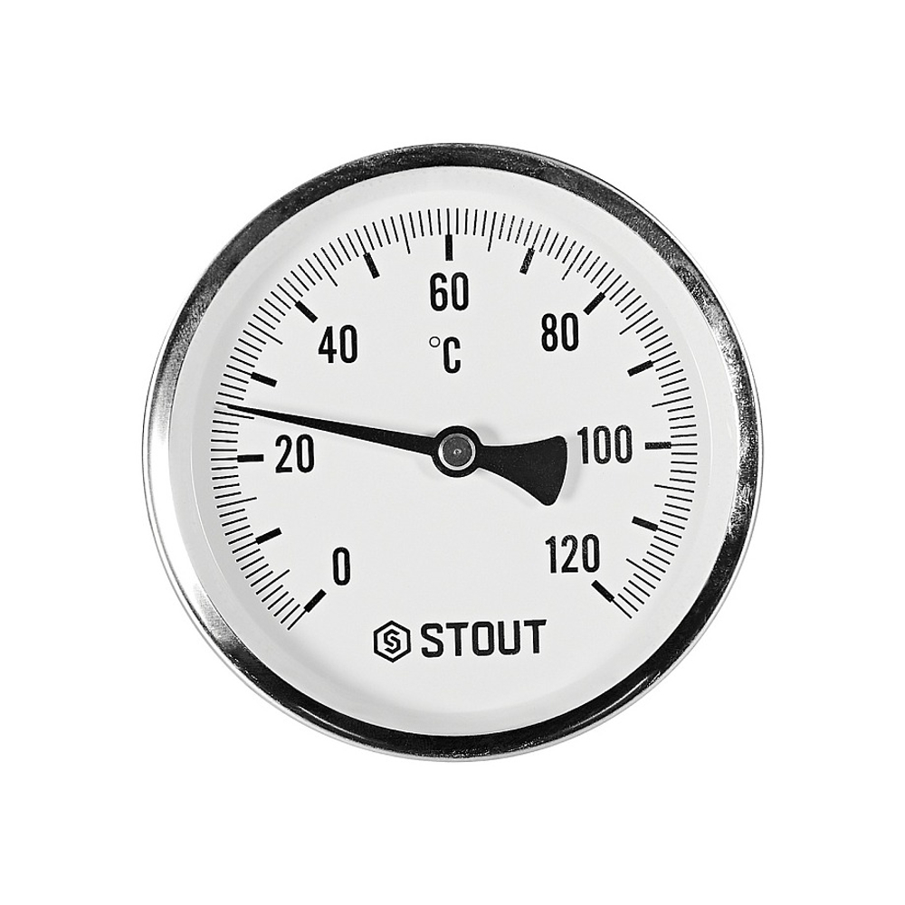 Термометр биметаллический аксиальный STOUT - 1/2" (D100мм, шкала 0-120°C, с гильзой 100мм)