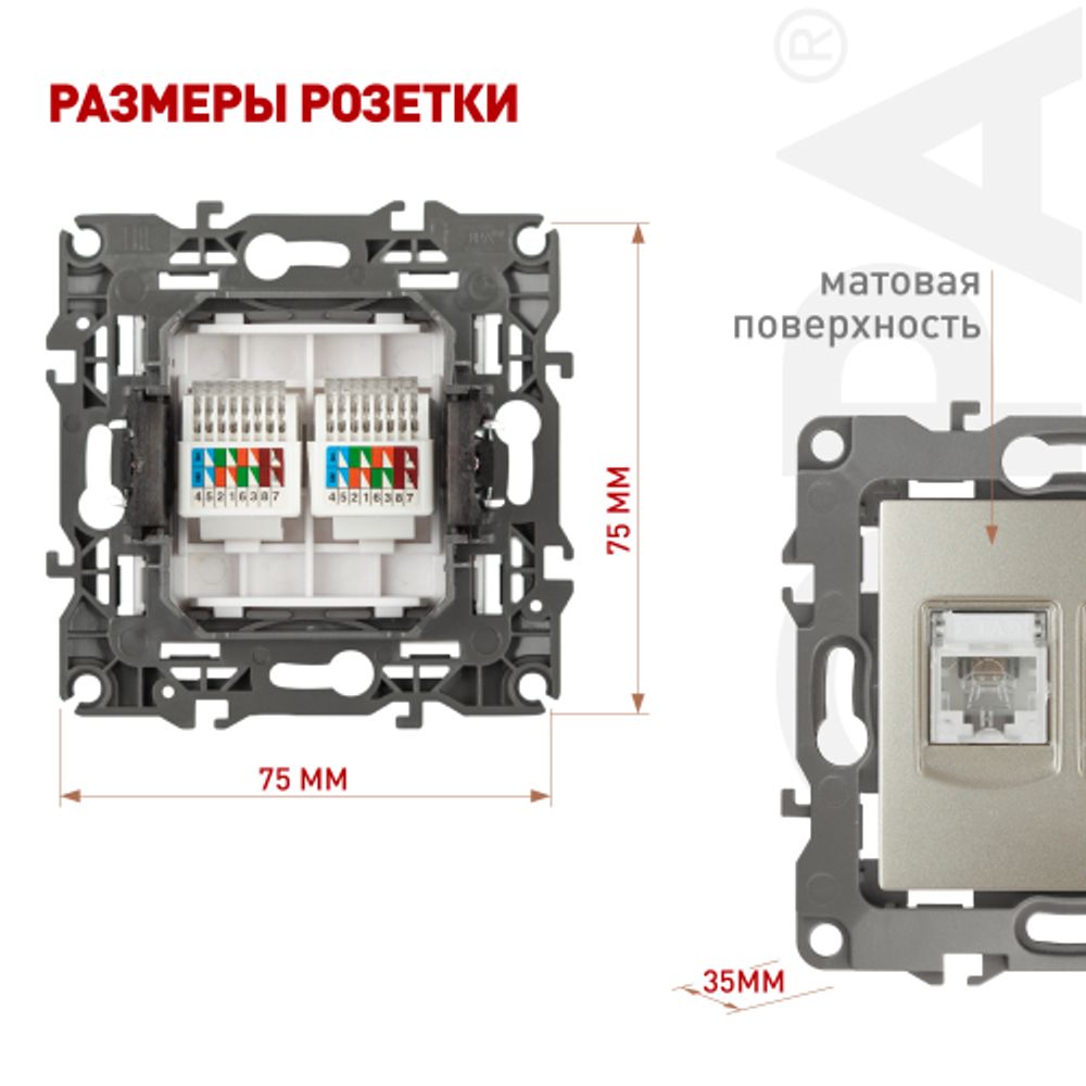 Розетка ЭРА Серия 12 12-3108-04 информационная двойная 2XRJ45 IP20 шампань | Эра 12