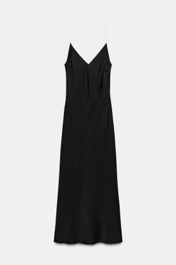 ZARA АТЛАСНОЕ ПЛАТЬЕ МИДИ С КОНТРАСТНОЙ ОТДЕЛКОЙ, ЧЕРНЫЙ