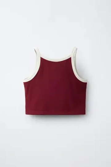 ZARA СПОРТИВНЫЙ ТОП С КОНТРАСТНОЙ ОКАНТОВКОЙ, БУРГУНДИ