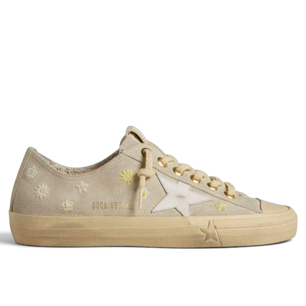 Women's Golden Goose V-Star in Ice-Gray Suede with White Star and Floral Embroidery