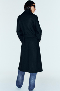 ZARA ДЛИННОЕ ШЕРСТЯНОЕ ПАЛЬТО С ПОЯСОМ, ЧЕРНЫЙ