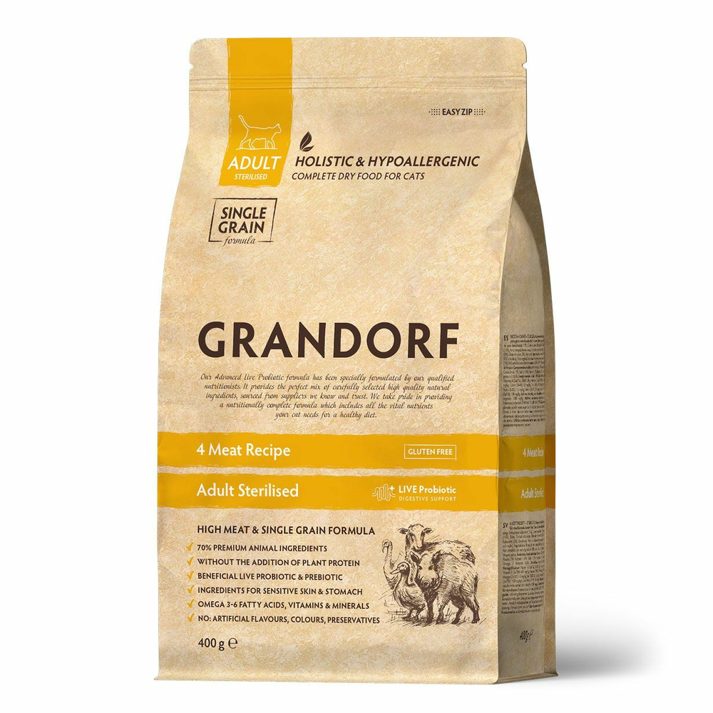 Сухой корм GRANDORF CAT 4 Meat PROBIOTIC STERILISED 4 вида мяса пробиотиками для стерилизованных кошек 400 г