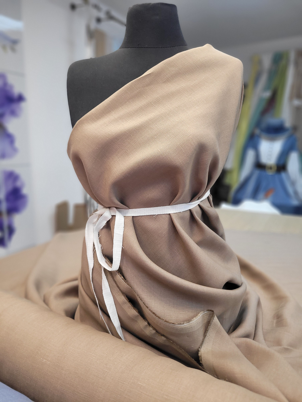 2м. Ткань лен для платьев, "КОФЕ С МОЛОКОМ", ширина 150 см, , плотность 210г, Беларусь