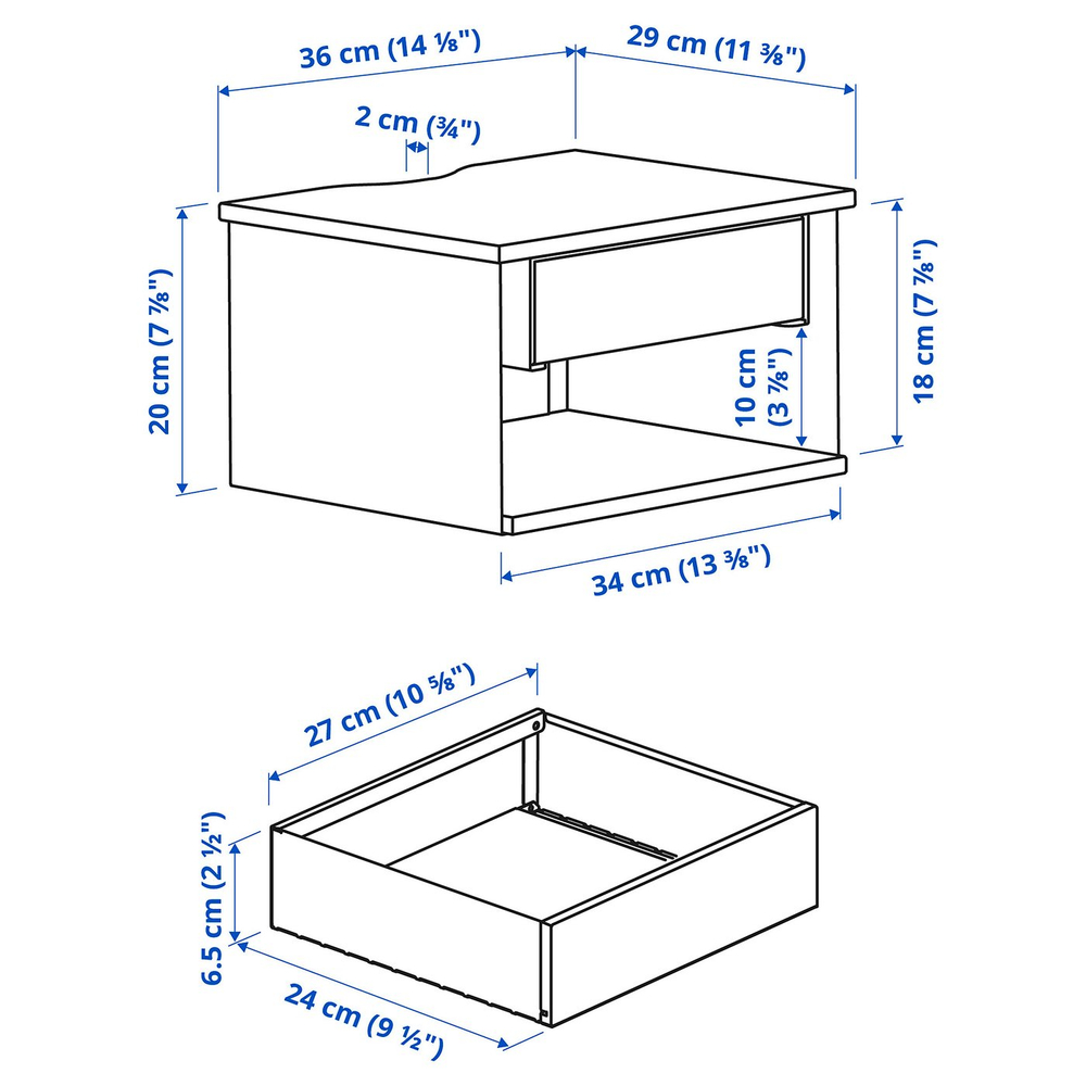 IKEA STOMSÖ  (ИКЕА СТОМСЁ)  -  Столик прикроватный настенный - имитация берёзы белый/синий 36x29x20 см