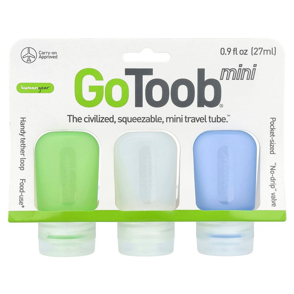 Humangear, GoToob® Мини, синий, прозрачный и зеленый, 3 шт. по 27 мл (0,9 жидк. унции)