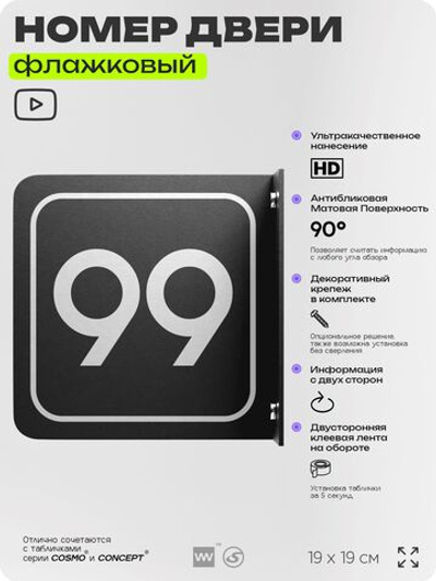 Табличка флажковая с номером 99 на дверь квартиры, для офиса, кабинета, аудитории, склада, черная двустороняя 19х19 см, Айдентика Технолоджи
