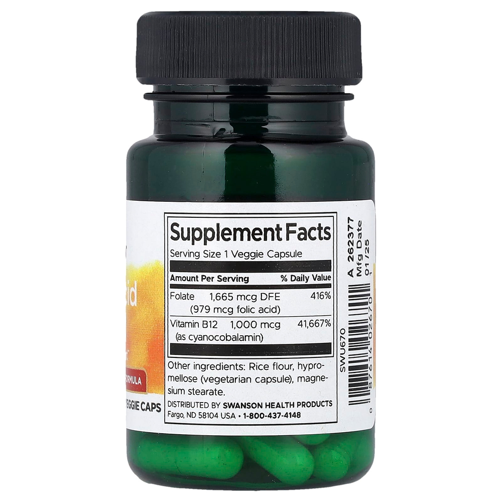 Swanson Vitamins, Фолиевая кислота и витамин B12, 30 растительных капсул